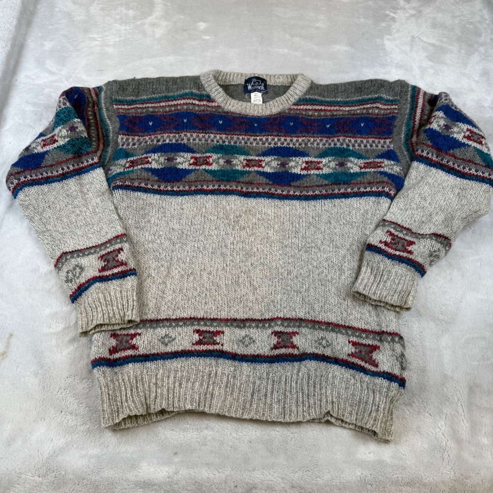 Woolrich‎ Vintage Mens Wool Blend Southwestern Fair Isle Crewneck Sweater Grey M